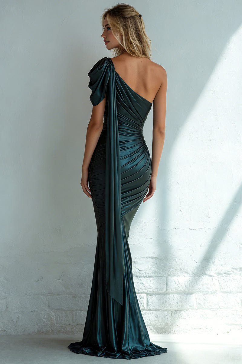 Load image into Gallery viewer, Dark Green One Shoulder Long Mermaid Wedding Guest Dress with Side Cape