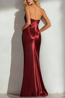 Burgundy Sheath Halter Neck Pleated Long Wedding Guest Dress