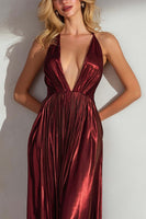 Load image into Gallery viewer, Burgundy Sheath Halter Neck Pleated Long Wedding Guest Dress