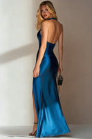 Load image into Gallery viewer, Ink Blue Halter Satin Sheath Long Wedding Guest Dress with Slit