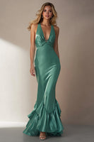 Load image into Gallery viewer, Emerald Green Deep V Neck Mermaid Long Wedding Guest Dress with Ruffles