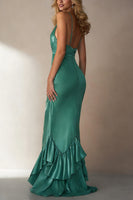 Load image into Gallery viewer, Emerald Green Deep V Neck Mermaid Long Wedding Guest Dress with Ruffles