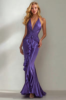 Load image into Gallery viewer, Dark Purple Mermaid Satin V Neck Long Wedding Guest Dress with Ruffles