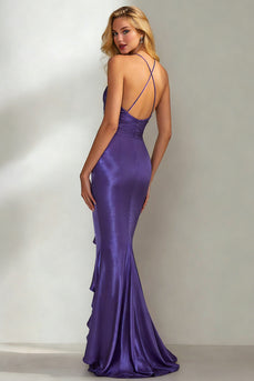 Dark Purple Mermaid Satin V Neck Long Wedding Guest Dress with Ruffles