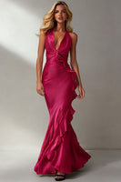 Load image into Gallery viewer, Fuchsia Mermaid V Neck Ruffled Long Wedding Guest Dress
