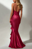 Load image into Gallery viewer, Fuchsia Mermaid V Neck Ruffled Long Wedding Guest Dress
