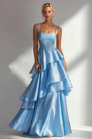 Load image into Gallery viewer, Light Blue Square Neck A Line Ruffled Long Wedding Guest Dress