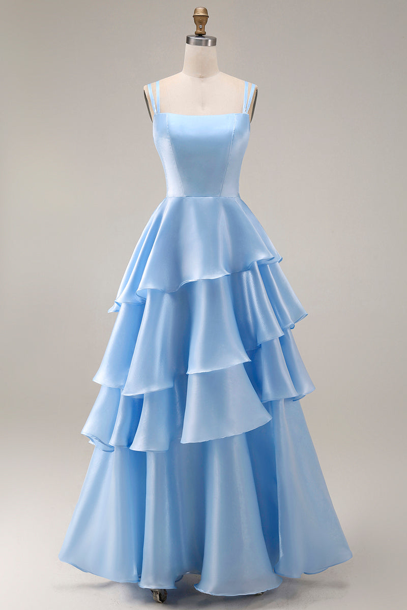 Load image into Gallery viewer, Light Blue Square Neck A Line Ruffled Long Wedding Guest Dress