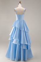 Load image into Gallery viewer, Light Blue Square Neck A Line Ruffled Long Wedding Guest Dress