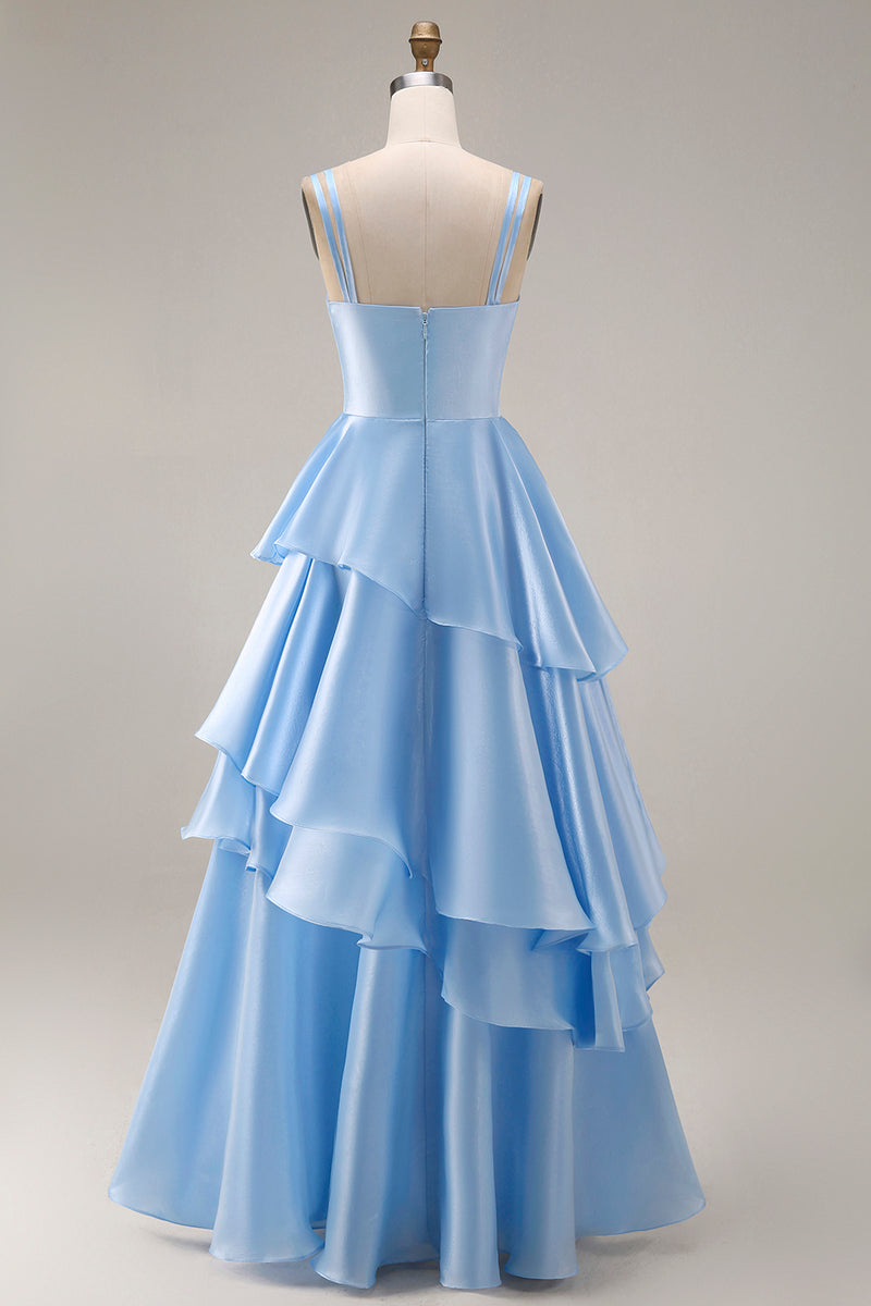 Load image into Gallery viewer, Light Blue Square Neck A Line Ruffled Long Wedding Guest Dress