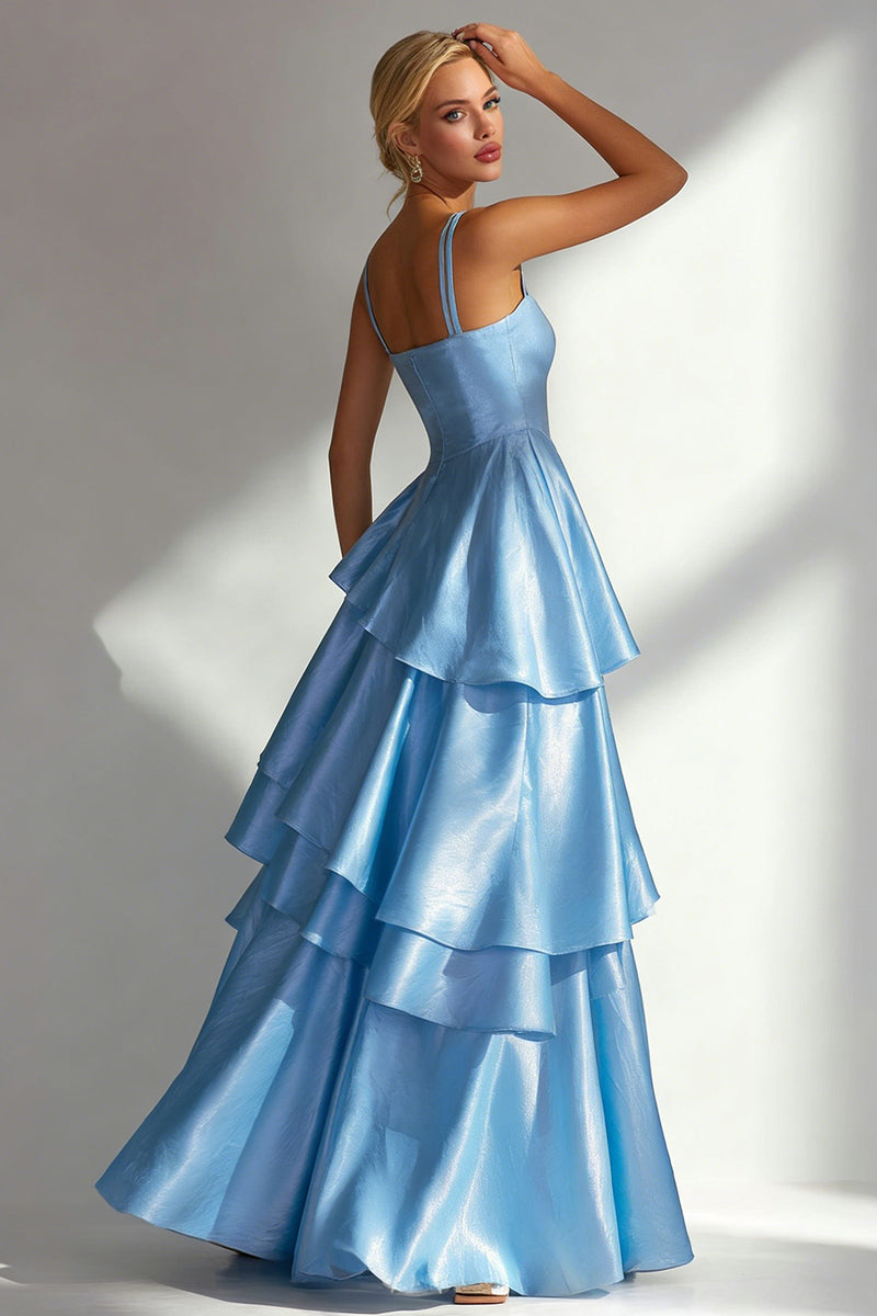 Load image into Gallery viewer, Light Blue Square Neck A Line Ruffled Long Wedding Guest Dress