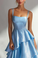 Load image into Gallery viewer, Light Blue Square Neck A Line Ruffled Long Wedding Guest Dress