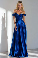 Load image into Gallery viewer, Royal Blue Off the Shoulder A Line Long Wedding Guest Dress with Ruffles