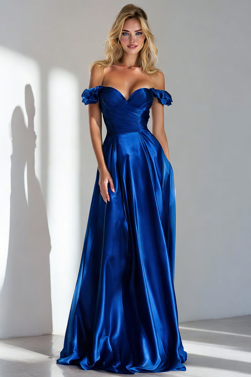 Load image into Gallery viewer, Royal Blue Off the Shoulder A Line Long Wedding Guest Dress with Ruffles