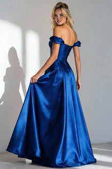 Royal Blue Off the Shoulder A Line Long Wedding Guest Dress with Ruffles