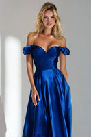 Load image into Gallery viewer, Royal Blue Off the Shoulder A Line Long Wedding Guest Dress with Ruffles