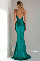 Load image into Gallery viewer, Peacock Green Satin Spaghetti Straps Long Mermaid Wedding Guest Dress