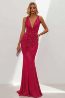 Load image into Gallery viewer, Sparkly Fuchsia Mermaid V Neck Ruched Long Wedding Guest Dress