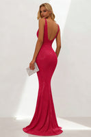 Load image into Gallery viewer, Sparkly Fuchsia Mermaid V Neck Ruched Long Wedding Guest Dress
