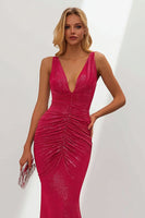 Load image into Gallery viewer, Sparkly Fuchsia Mermaid V Neck Ruched Long Wedding Guest Dress