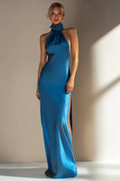 Load image into Gallery viewer, Ink Blue Satin Sheath High Neck Long Wedding Guest Dress with Slit