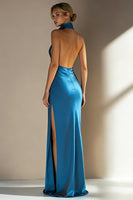 Load image into Gallery viewer, Ink Blue Satin Sheath High Neck Long Wedding Guest Dress with Slit