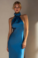 Load image into Gallery viewer, Ink Blue Satin Sheath High Neck Long Wedding Guest Dress with Slit