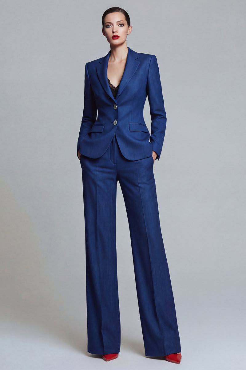 Load image into Gallery viewer, 2 Piece Dark Blue Wide Leg Notched Lapel Single Breasted Business Suits