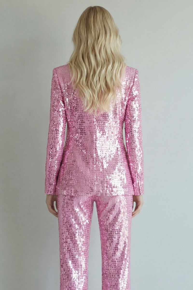 Load image into Gallery viewer, Sparkly 2 Piece Pink Sequin Notched Lapel Single Breasted Prom Suits