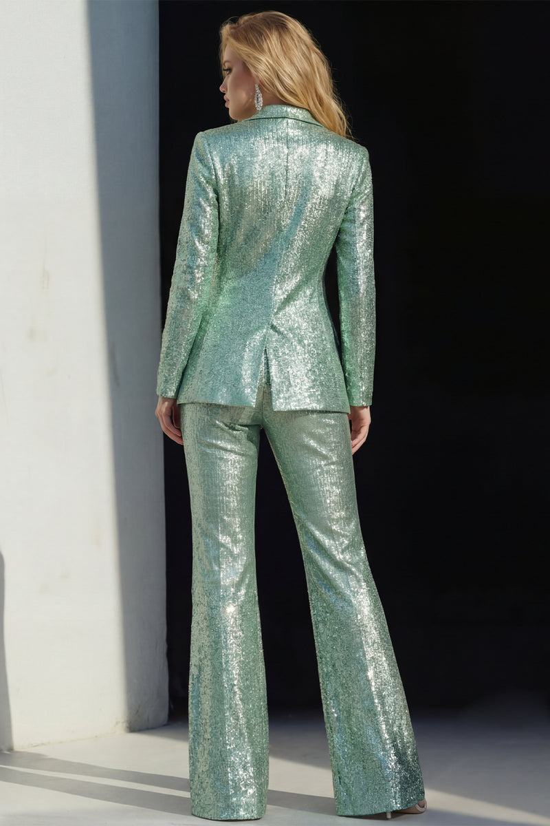 Load image into Gallery viewer, Sparkly 2 Piece Green Sequin Peak Lapel Prom Suits