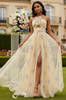 Load image into Gallery viewer, Yellow Floral Spaghetti Straps A-Line Long Prom Dress with Slit