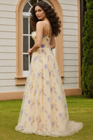 Load image into Gallery viewer, Yellow Floral Spaghetti Straps A-Line Long Prom Dress with Slit