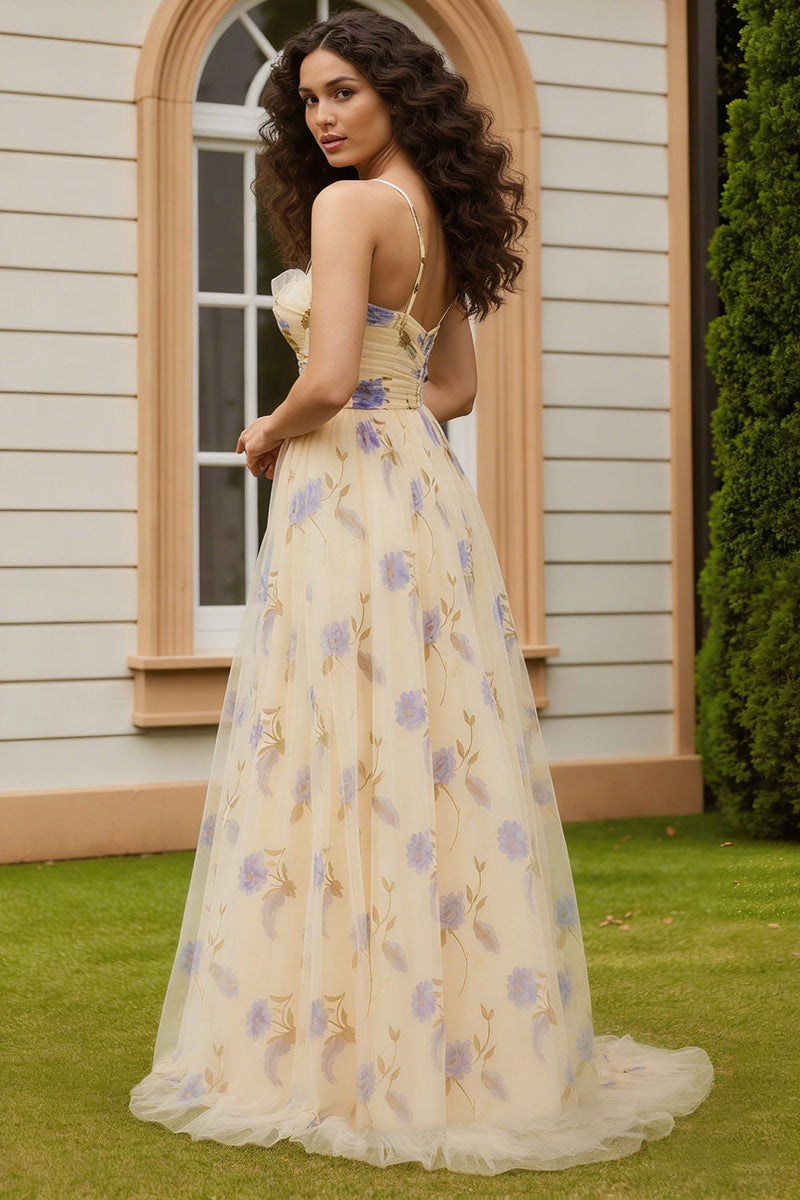 Load image into Gallery viewer, Yellow Floral Spaghetti Straps A-Line Long Prom Dress with Slit