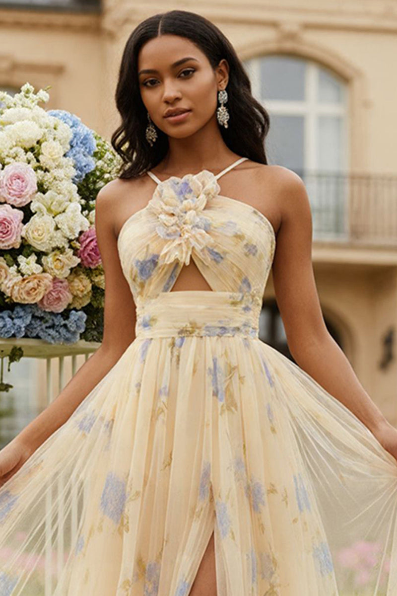 Load image into Gallery viewer, Yellow Floral Spaghetti Straps A-Line Long Prom Dress with Slit