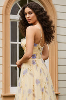 Load image into Gallery viewer, Yellow Floral Spaghetti Straps A-Line Long Prom Dress with Slit