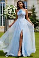 Load image into Gallery viewer, Floral Light Blue Tulle A-Line Corset Long Prom Dress with Slit