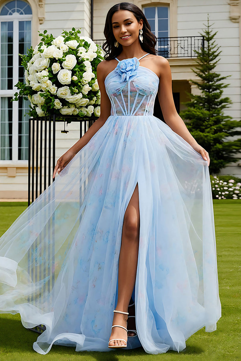 Load image into Gallery viewer, Floral Light Blue Tulle A-Line Corset Long Prom Dress with Slit