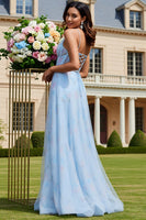 Load image into Gallery viewer, Floral Light Blue Tulle A-Line Corset Long Prom Dress with Slit