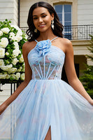 Load image into Gallery viewer, Floral Light Blue Tulle A-Line Corset Long Prom Dress with Slit
