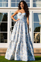 Load image into Gallery viewer, Floral Light Blue Jacquard A-Line Long Strapless Prom Dress