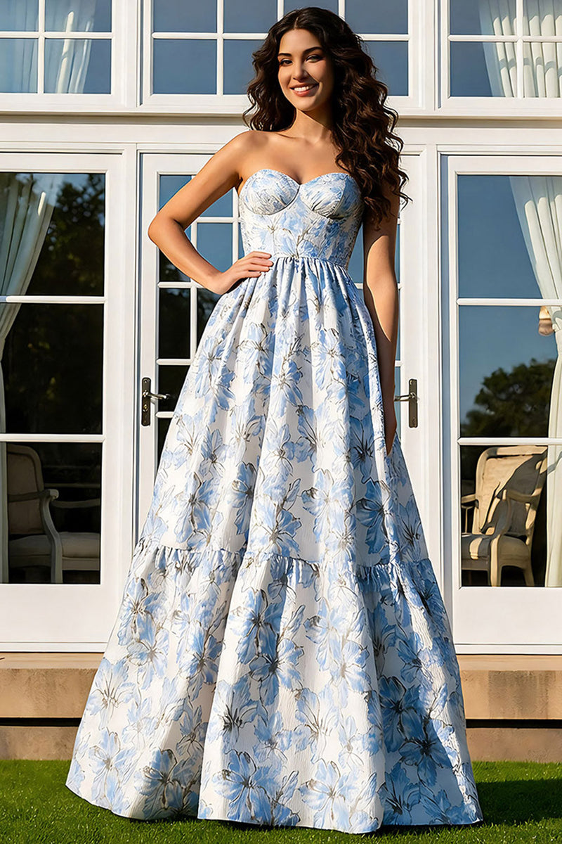 Load image into Gallery viewer, Floral Light Blue Jacquard A-Line Long Strapless Prom Dress