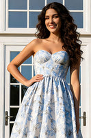 Load image into Gallery viewer, Floral Light Blue Jacquard A-Line Long Strapless Prom Dress