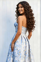 Load image into Gallery viewer, Floral Light Blue Jacquard A-Line Long Strapless Prom Dress