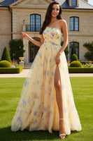 Load image into Gallery viewer, Floral Yellow One Shoulder A-Line Long Prom Dress with Slit