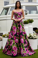Load image into Gallery viewer, Floral Black Satin A-Line Strapless Long Prom Dress