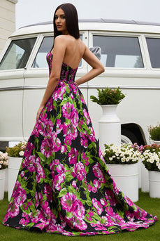 Floral Black Satin A-Line Strapless Long Prom Dress