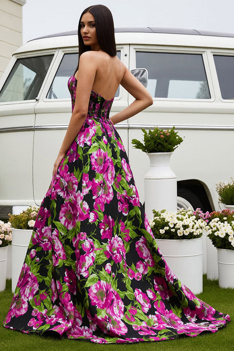 Load image into Gallery viewer, Floral Black Satin A-Line Strapless Long Prom Dress