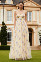 Load image into Gallery viewer, Yellow Floral Spaghetti Straps A-Line Long Prom Dress