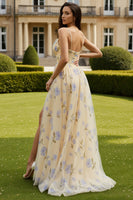 Load image into Gallery viewer, Yellow Floral Spaghetti Straps A-Line Long Prom Dress