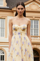 Load image into Gallery viewer, Yellow Floral Spaghetti Straps A-Line Long Prom Dress